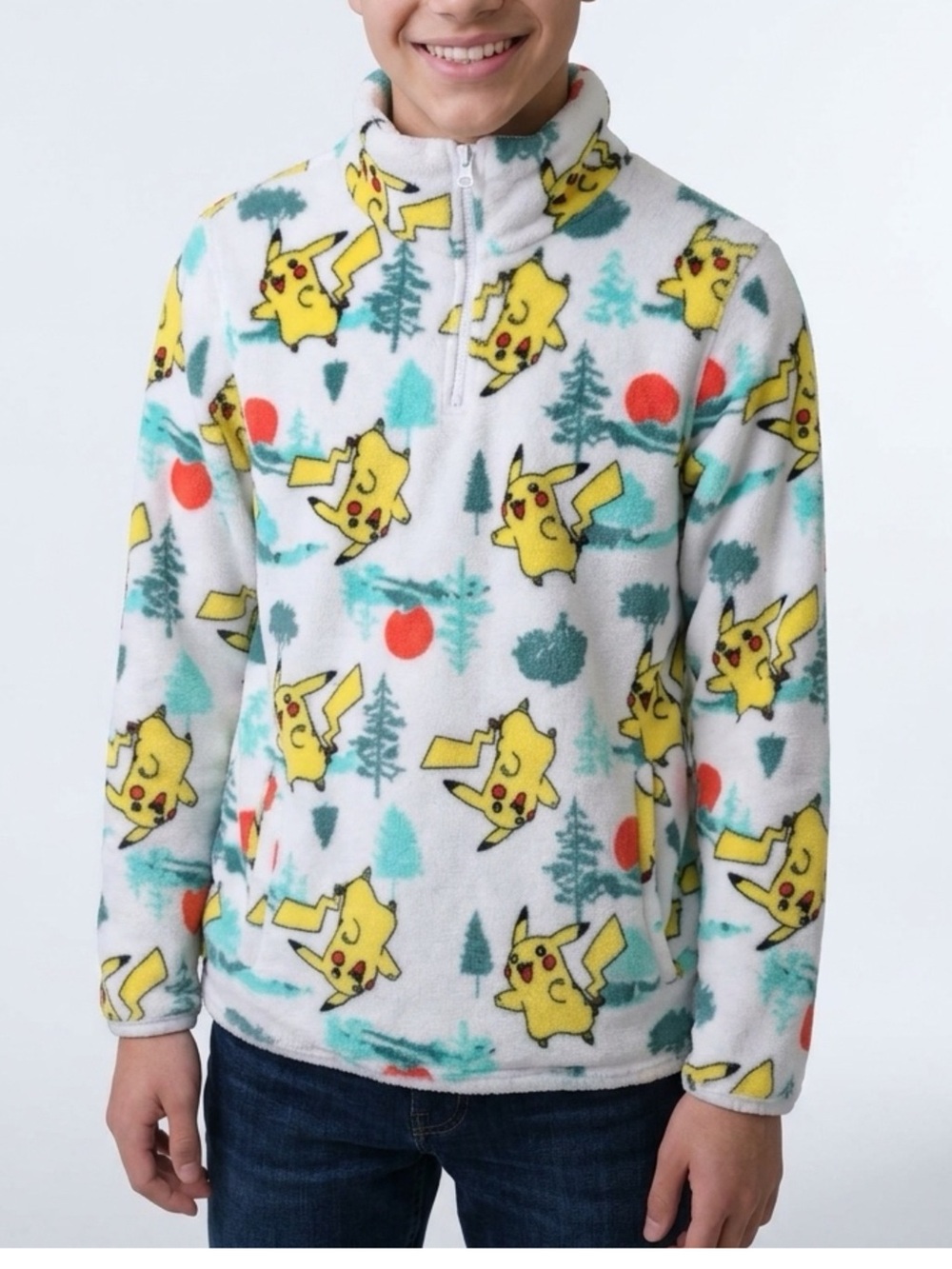 Pokémon Pikachu Unisex Kids XL Fleece Sleep Top 1/4 Zip Long Sleeve Pockets